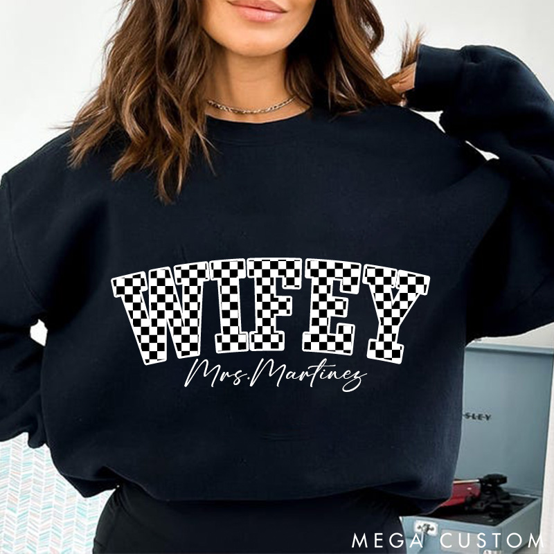 Personalized Checkered Wifey Sweatshirt with Name Custom Black and White Plaid Wifey Sweatshirt for Wife Couple Valentines Gift for Her
