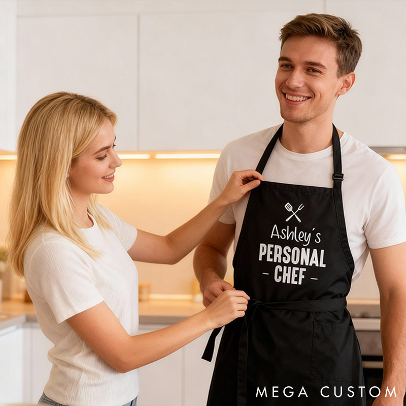 Personalized Your Name Personal Chef Grill Apron Funny Grill Apron for Couple Apron with Pocket Valentine’s Day Gift for Him Gift For Husband