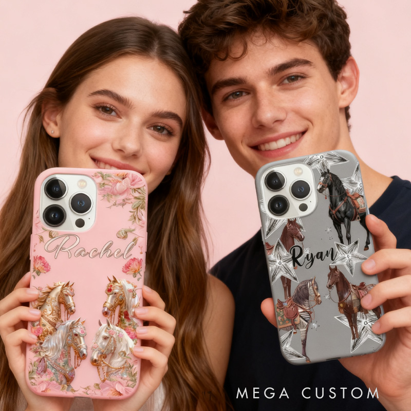 Personalized Couple Phone Case Phone Cases with French Countryside Gifts Floral Design and Custom Name for Riding Lovers Equestrian Lovers Unique Style Phone Cases