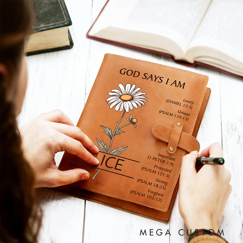 Personalized God Says you are Birth Flower PU Leather Notebook Cover with Name Religious Gift Birthday Gift for Christian