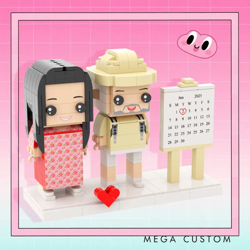 Personalized Custom Couple Brick Figure Set with Calendar - Personalized Photo Minifigure Building Blocks, Valentine’s/Anniversary Gift