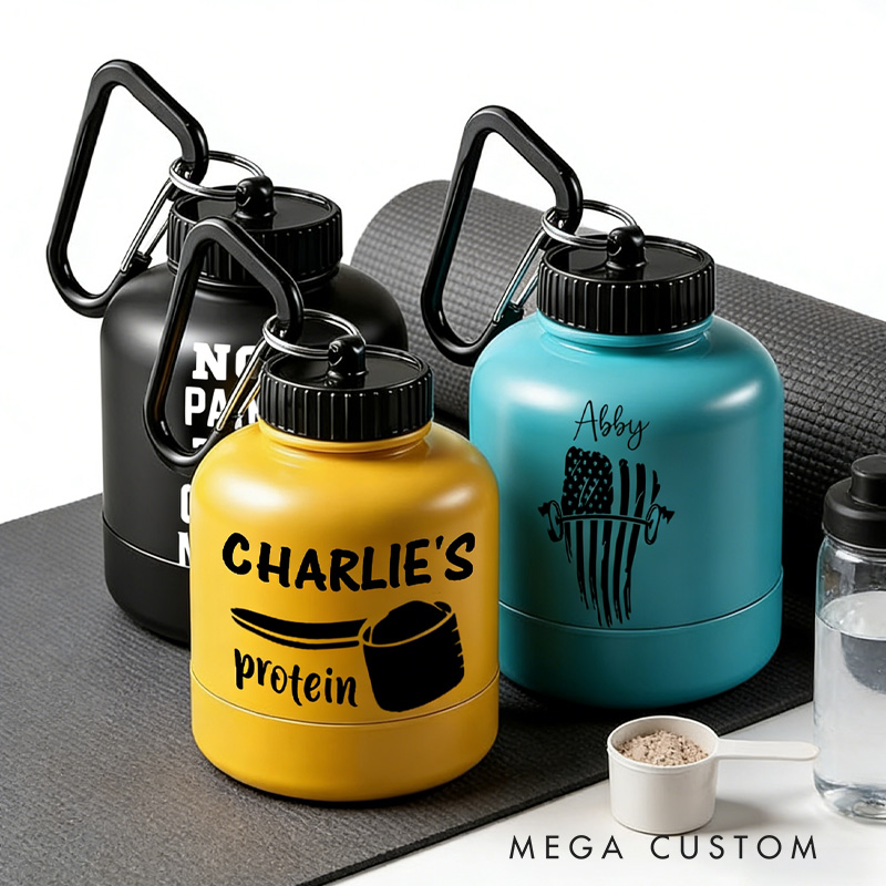 Personalized Gym Mini Protein Powder Bottle Pattern Custom Gym Keychain 200ml Protein Funnel Container with Carabiner Medicine Powder Carrying Pill Container for Gym Lovers