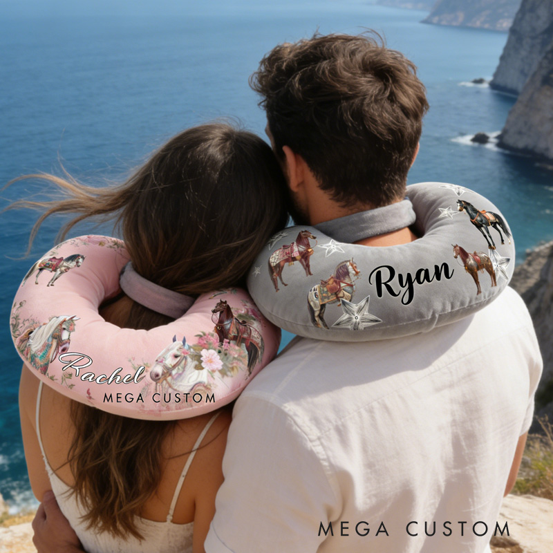 Personalized Couple Riding Horse Travel U-Shaped Pillow for Couple Valentain Pillow Gift for Riding Lovers Equestrian Lovers