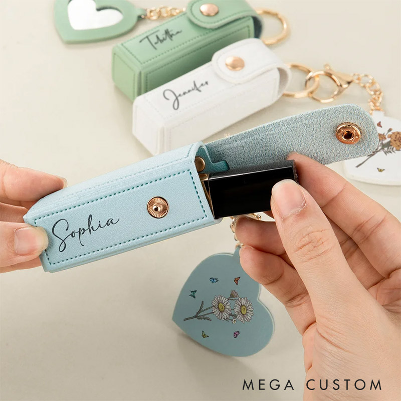 Personalized Girlfriend Birth Flower PU Leather Name Lipstick Case Keychain with Heart-shaped Mirror Wife Makeup Essentials Women Valentines Day Gift