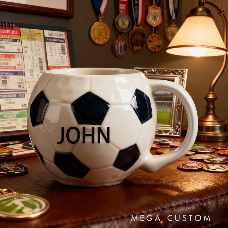 Personalized Soccer Ball Shaped Ceramic Mug - Custom Name Gift for Soccer Fans & Players, 11oz Coffee Cup