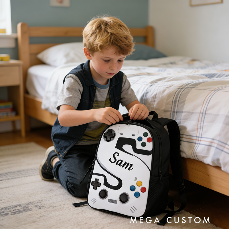 Personalized Game Controller Backpack with Letter Design and Custom Name for Kids and Game Lovers Birthday Black to School Christmas Gift