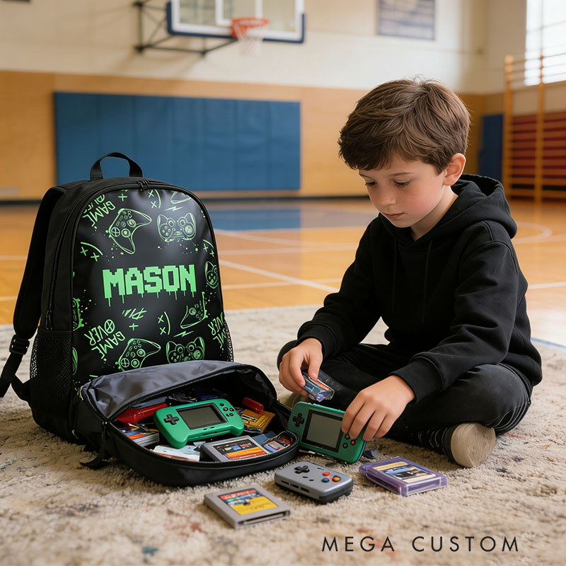 Personalized Graffiti Game Controller Backpack Custom Name for Kids and Game Lovers Birthday Black to School Christmas Gift