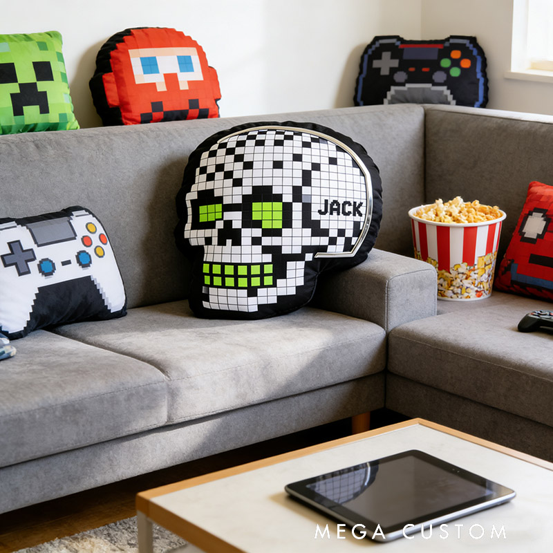 Personalized Game Pixel Skull Shaped Pillow for Game Lovers Plush Pillow Christmas Birthday Party Gift for Kids