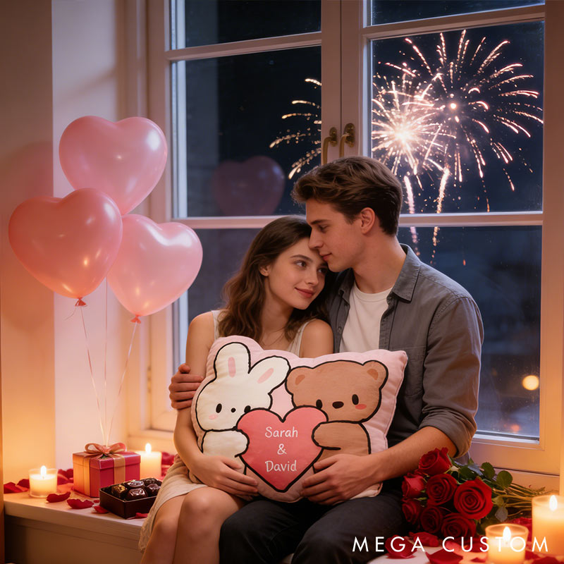 Personalized Bunny & Bear Throw Pillow Custom Names Couple Home Pillow Romantic Valentine's Day Gift for Girlfriend for Wife Friend