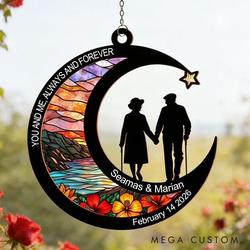 Personalized Couple Silhouette You and Me Always and Forever Suncatcher Custom Moon Shaped Night Sky Window Decor Anniversary Gift Valentines Day Gift