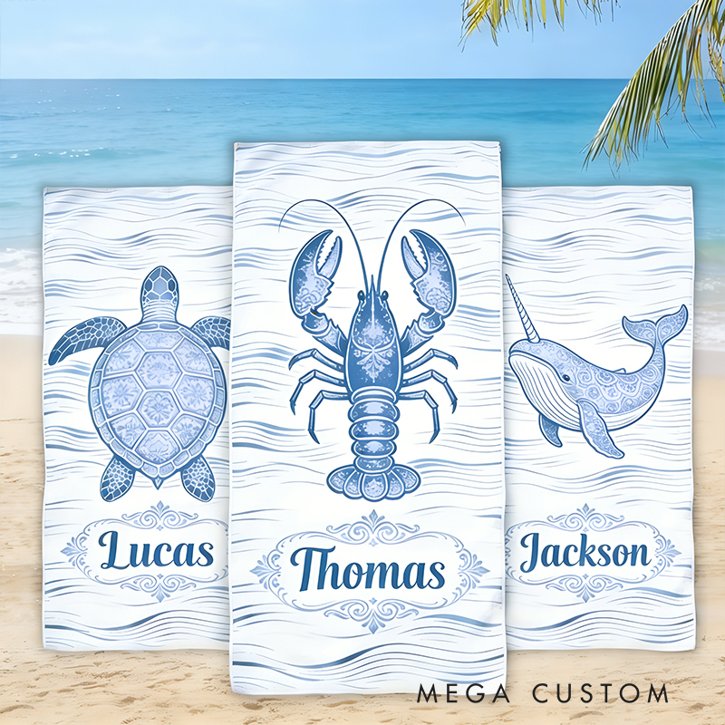 Personalized Custom Ocean Animal Beach Towel - Personalized lobster Monogrammed Beach Towel for Kids & Adults, Quick-Dry Beach Pool Towel with Coastal Wave Design