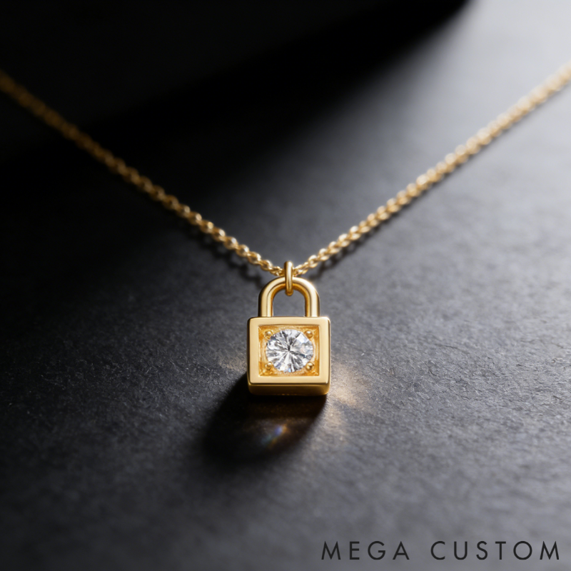 Personalized sterling silver lock necklace – customizable with engraving and a birthstone pendant.