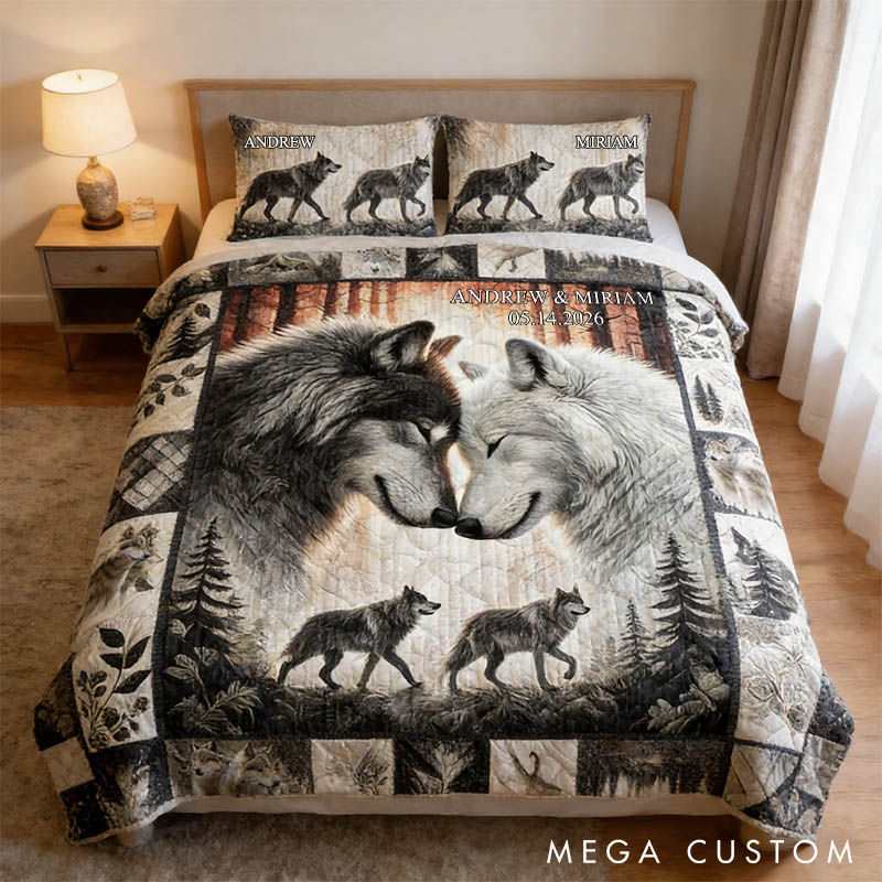 Personalized Couple Wolf Bed Set Custom Forest Moon Wolf Couple Graphic 3D Printed Bedding Decor with Name Anniversary Valentines Day Gift for Her Him