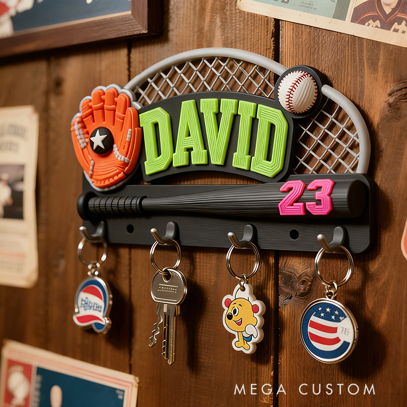 Personalized Custom Baseball Theme Key Holder - 3D Printed Personalized Name & Number Hook Rack, Sports Decor for Kids’ Room, Baseball Fan Gift 