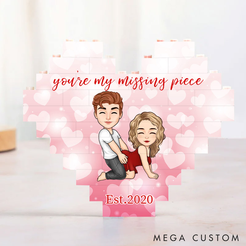 Personalized Valentine's Couple Heart Building Block Puzzle Custom Cartoon Couple Heart Plaque Valentine's Day Anniversary Gift for Couple