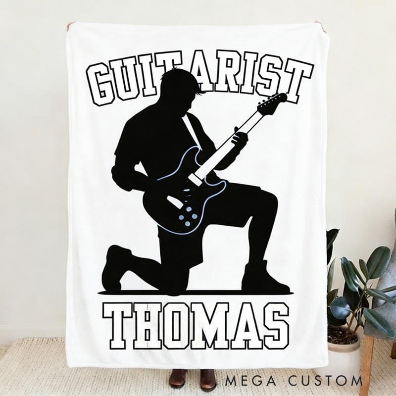 Personalized Silhouette Guitarist Soft Throw Blanket with Name Perfect for Guitar Lovers Music Enthusiasts Birthday Anniversary Performance Gifts