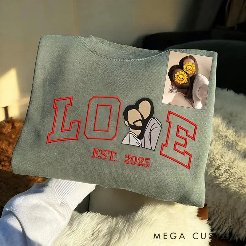 Personalized Couple Embroidered Photo Portrait Matching Sweatshirt Custom Couple Hoodie with Text Anniversary Gift Valentine's Day Gift for Him Her