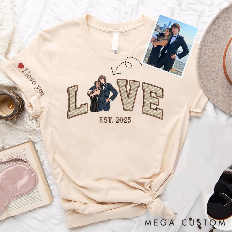 Personalized Couple Embroidered Photo Portrait Matching T-Shirt Custom Couple LOVE Shirts Tees with Text Anniversary Gift Valentine's Day Gift