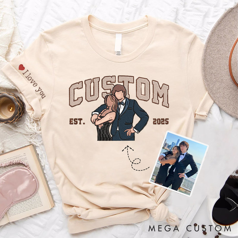 Personalized Couple Embroidered Photo Portrait Matching T-Shirts Custom Couple Tee Top with Any Text Valentine's Day Gift for Him Her Anniversary Gift