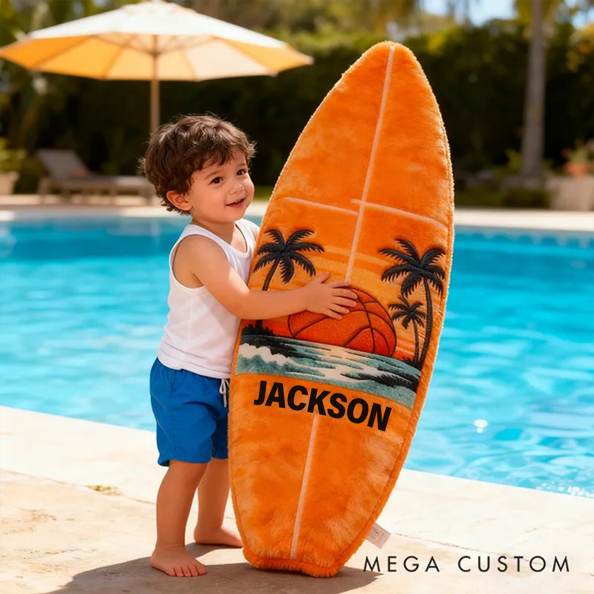 Personalized Surfboard Basketball Pillow with Custom Name for Beach Lovers and Basketball Lovers