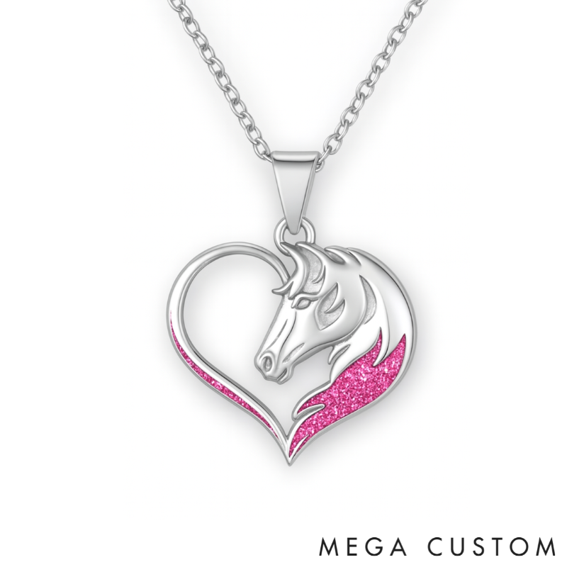 Personalized Horse Head Heart Pendant Necklace Custom Name Unique Holiday Gift for Couples