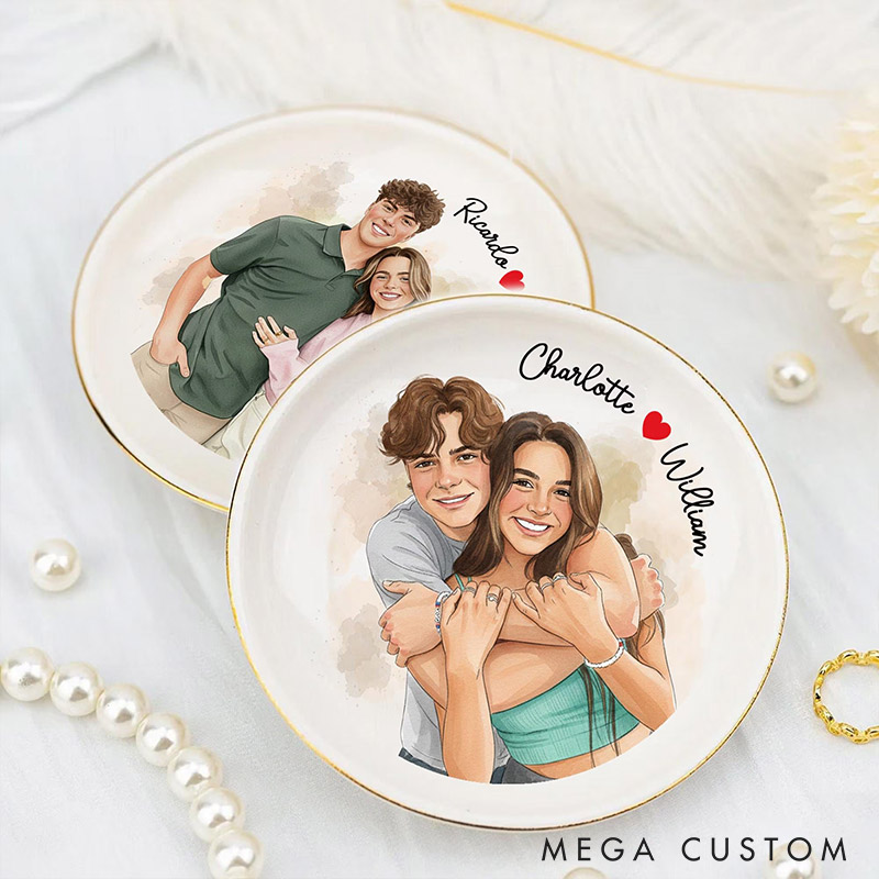 Personalized Heart Flower Ceramic Trinket Jewelry Dish with Initial and Date Toile De Jouy Ring Dish Valentine's Gift for Wife Anniversary Gift for Girlfriend