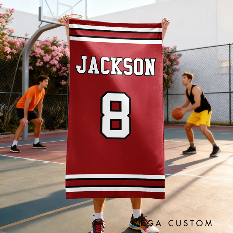 Personalized Sport Team Towel with Custom Name Number and Classic Pinstripe Design for Players and Fans