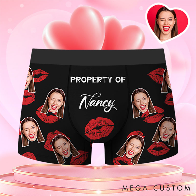 Personalized Girlfriend Wife Face Boxer Brief Red Lips Print Property of Her Men Underwear with Photo Valentines Day Gift for Boyfriend Husband
