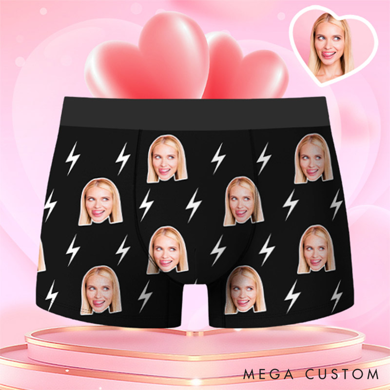 Personalized Girlfriend Wife Face Boxer Brief Lightning Print Men Underwear with Woman Face Photo Portrait Valentines Day Gift for Boyfriend Husband
