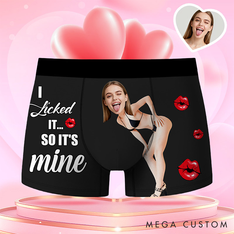 Personalized Girlfriend Wife Face Boxer Brief I Licked It So It's Mine Men Underwear with Woman Face Portrait Valentines Day Gift for Boyfriend Husband