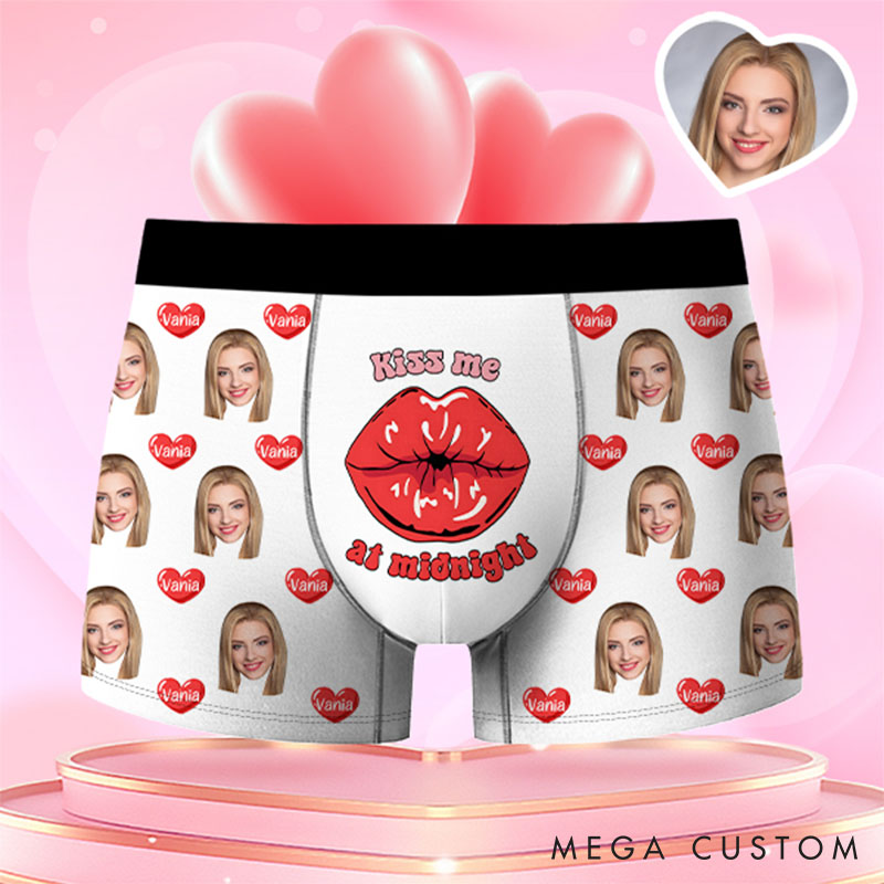 Personalized Girlfriend Wife Face Boxer Brief Kiss Me at Midnight Men Underwear with Woman Face Portrait Valentines Day Gift for Boyfriend Husband