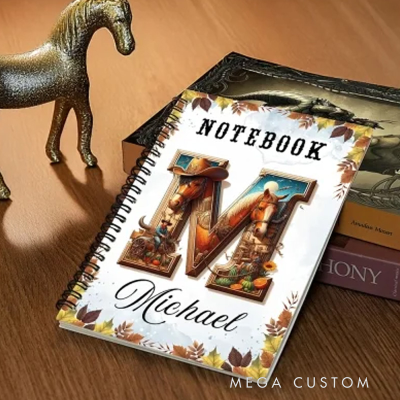 Personalized Initial Name Western Style Spiral Notebook Softcover Lined Notebook Country Rustic Journal Gift for Cowboys Riding Lovers Equestrian Lovers