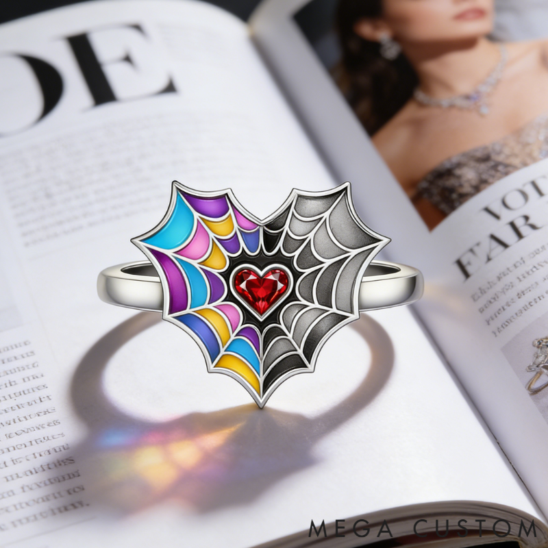 Personalized Birthstone Spiderweb Heart Ring Sterling Silver Ring Symbolic Jewelry Gift for Couples and Best Friends