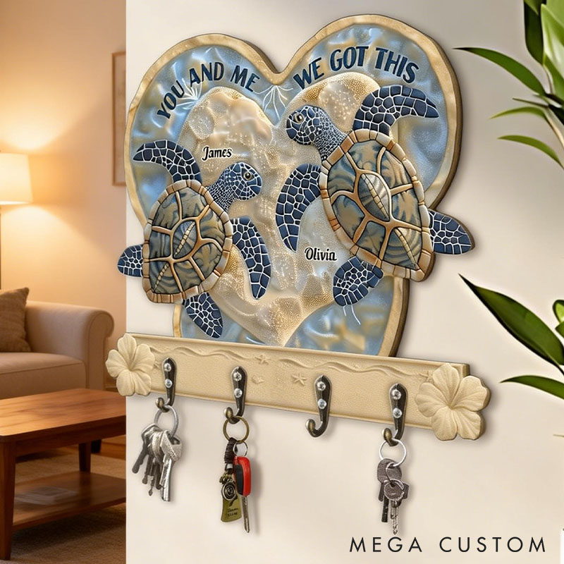 Personalized Couple Turtle You And Me We Got This Wooden Key Holder Custom Ocean Style Graphic 3D Printed Effect Key Hanger Valentines Day Gift