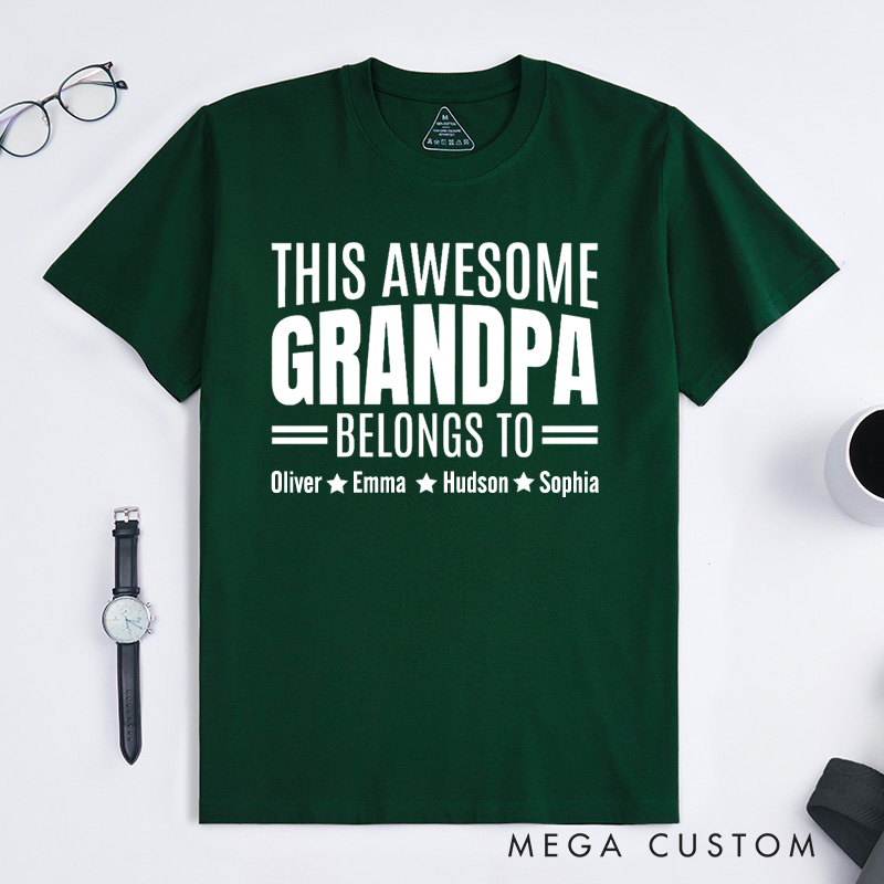 Personalized Grandpa T-Shirt Custom This Awesome Grandpa Belongs To Gift for Grandfather Father's Day Birthday Comfortable Cotton Shirt for Men