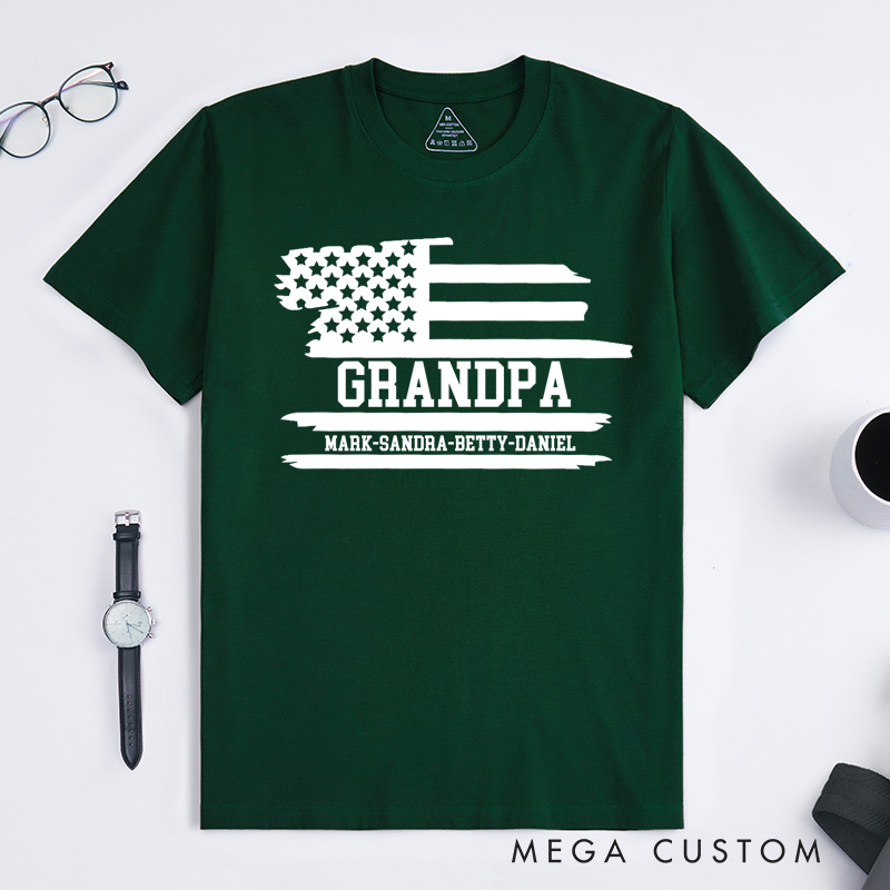 Personalized Grandpa Flag T-Shirt with Grandkids Names Gift for Grandfather Father's Day Birthday Comfortable Cotton Shirt for Men