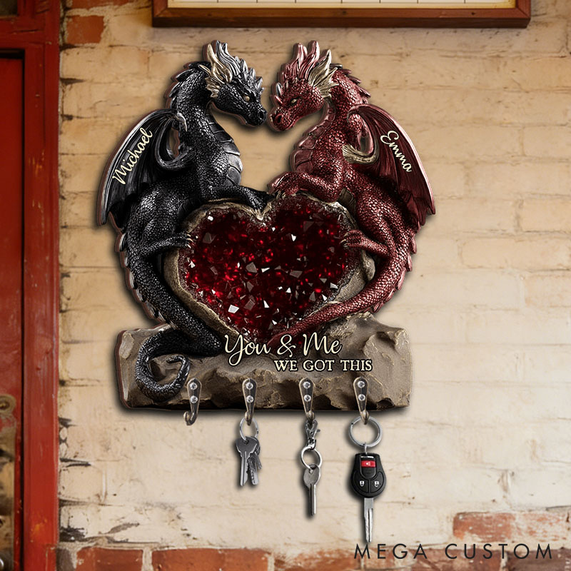Personalized Retro Dragon Couple You and Me We Got This Wooden Key Holder Custom Shaped Graphic 3D Printed Key Hanger Anniversary Valentine's Day Gift