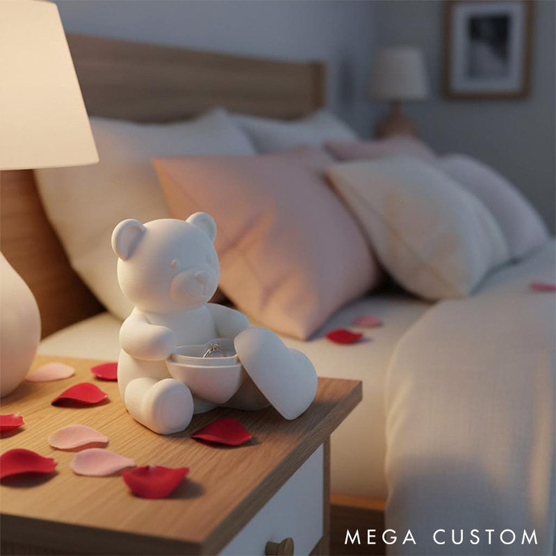 Personalized Couple White Teddy Bear Heart Ring Holder Custom Engagement 3D Printed Bear Ring Box for Newlyweds Valentines Day Gift for Him Her