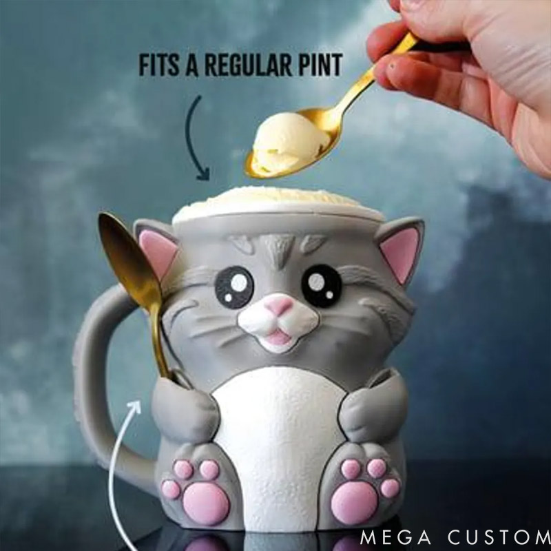 Personalized Cat Ice Cream Pint Holder 3D Printed with Spoon Slots & Snack Drawer for Pet Pet Lover For Dog Lover