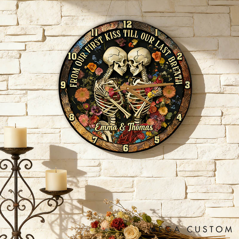 Personalized Skeleton Couple From Our First Kiss Till Our Last Breath Wall Clock Custom Gothic Retro Graphic 3D Printed Wall Clock Valentines Day Gift