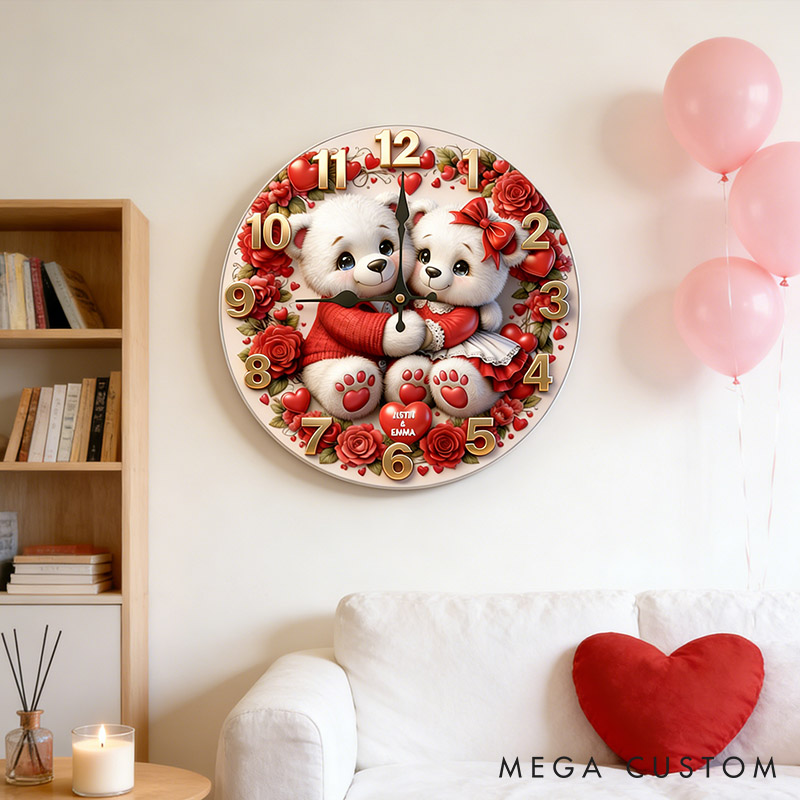 Personalized Bear Couple Happy Valentine's Day Wall Clock Custom Red Rose Bear with Heart 3D Effect Wall Clock Anniversary Valentines Day Gift