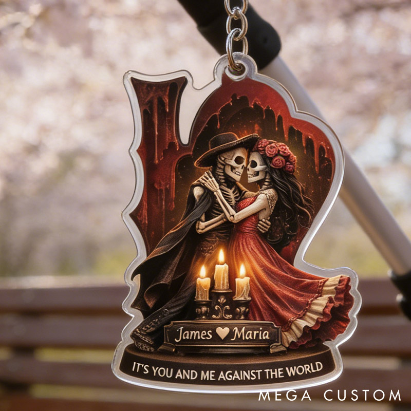 Personalized Gothic Skeleton Couple Keychain Custom Skull Couple Keychain Valentine's Anniversary Gift for Him Her