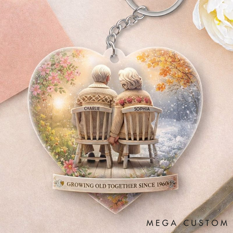 Personalized Heart-Shaped Couple Keychain Growing Old Together Elderly Valentine's Gift Couple Anniversary Keychain for Her Him