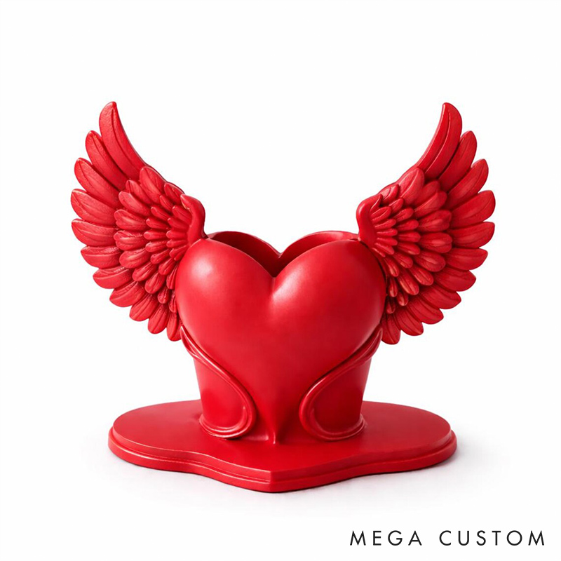 Personalized Valentine's Day Heart with Wings Flower Vase Custom Couple 3D Printed Red Heart Flower Vase with Text Valentine's Day Anniversary Gift