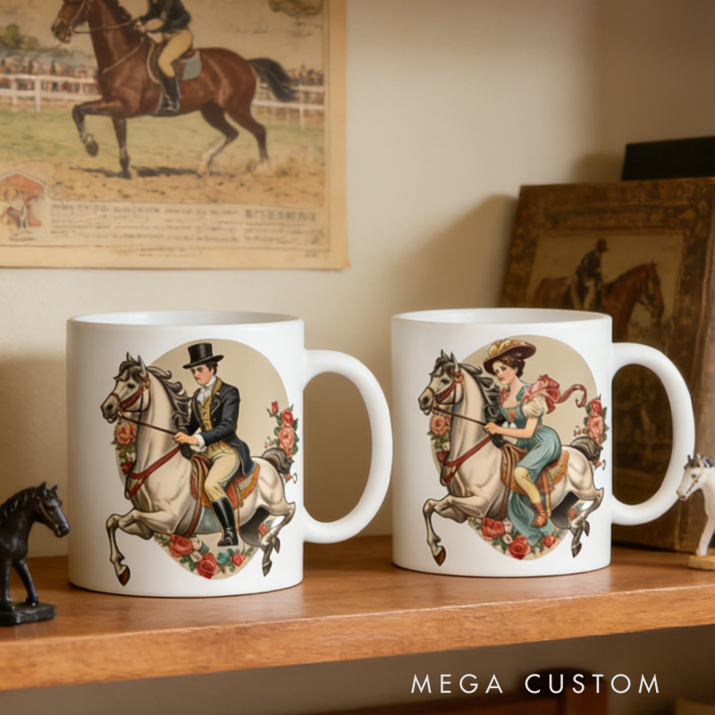 Personalized Couple Mug Victorian Equestrian Art Coffee Mug for Riding Lovers