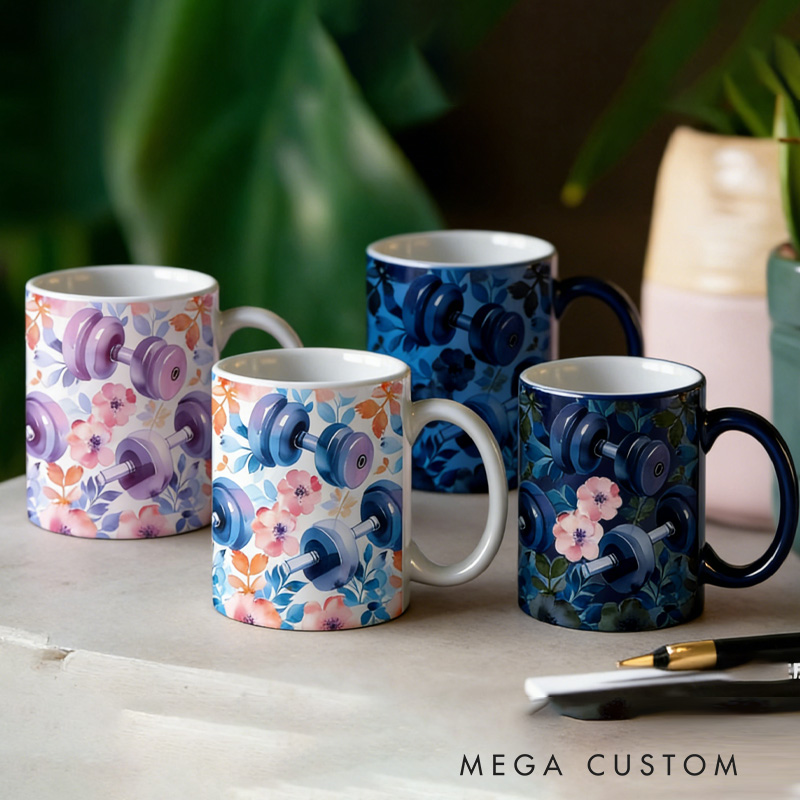 Personalized Couple Mug Floral Gym Weights Coffee Mug Watercolor Fitness Gift for Gym Lover