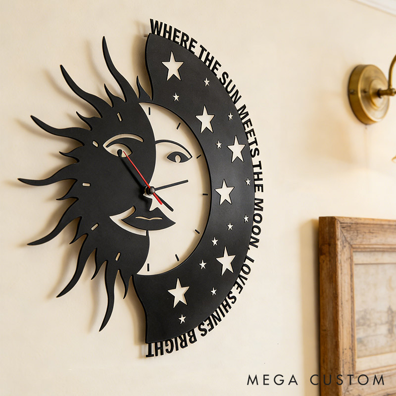 Personalized Couple Where the Sun Meets the Moon Love Shines Bright Metal Wall Clock Custom Wall Clock Anniversary Valentines Day Gift for Him Her