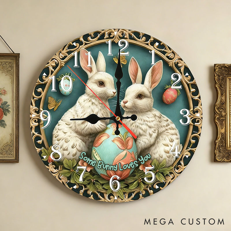 Personalized Couple Some Bunny Loves You Wall Clock Custom Easter Charming Bunny with Eggs Wall Clock with Text Couple Easter Gift for Him Her