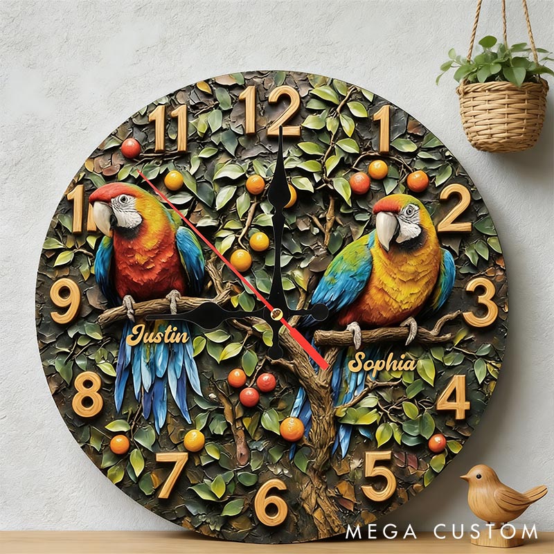 Personalized Parrot Couple Wall Clock Custom Couple Bird on a Branch 3D Effect Wall Clock with Name Couple Anniversary Valentines Day Gift for Him Her