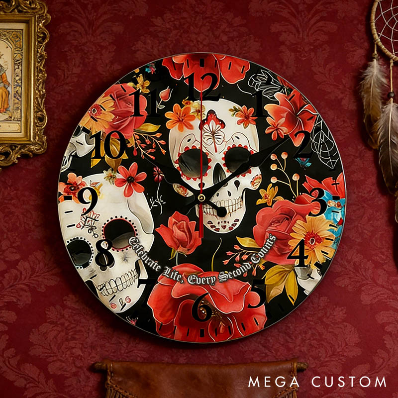 Personalized Skull Couple Celebrate Life Every Second Counts Wall Clock Custom Retro Gothic Style 3D Effect Wall Clock Anniversary Valentines Day Gift